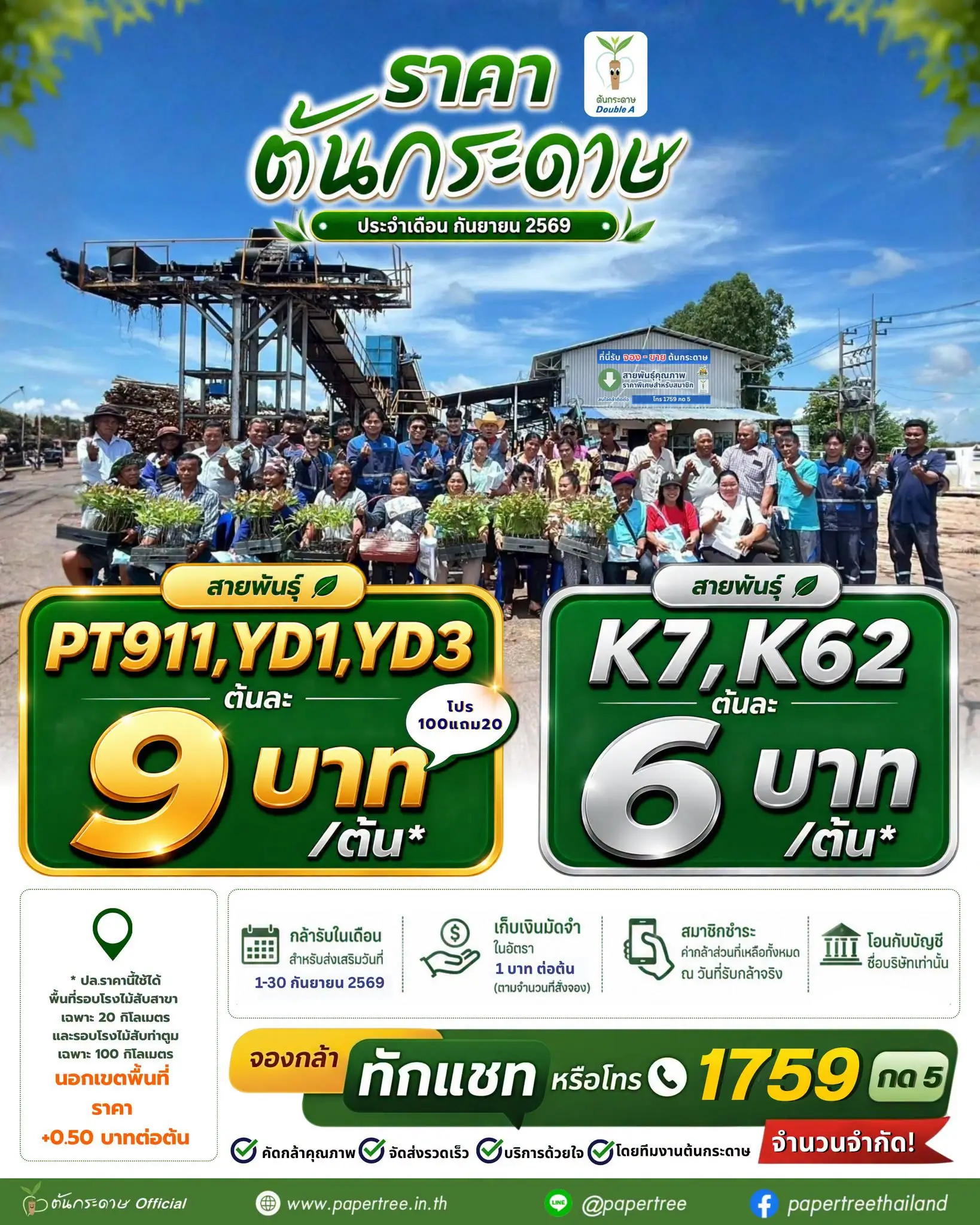 ตารางอัปเดตราคาต้นกระดาษ ประจำเดือนกันยายน 2569 โปรโมชั่นซื้อ 100 แถม 20